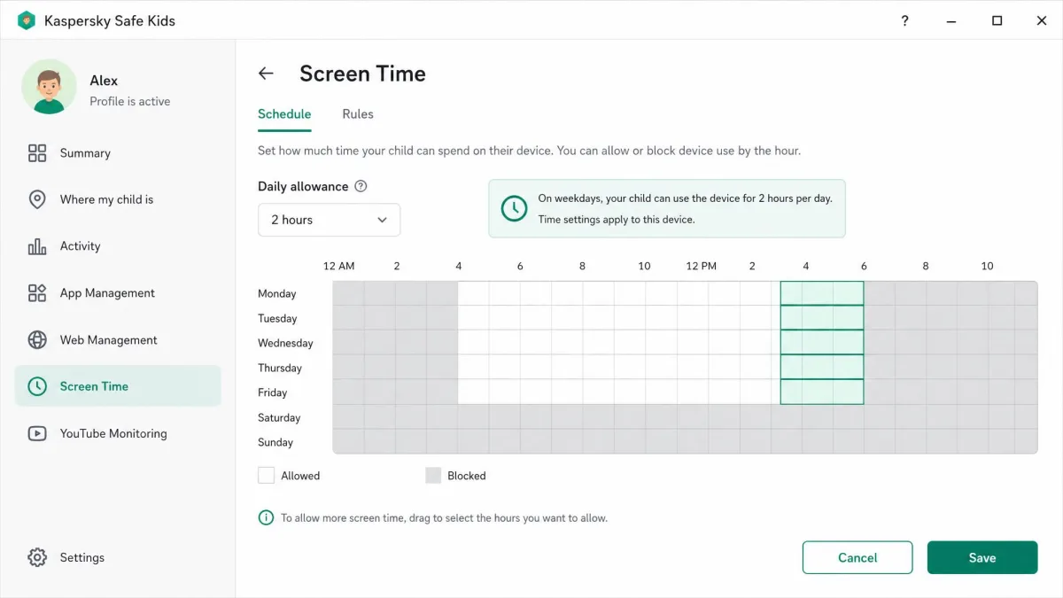 The Kaspersky Safe Kids screen time editor showing a weekly grid with blocked evening hours shaded and a two-hour daily allowance set for weekdays.