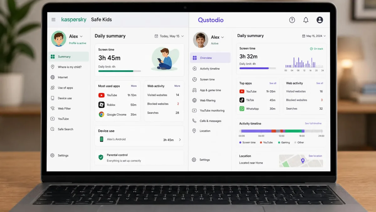 Kaspersky Safe Kids and Qustodio parent dashboards shown side by side on a laptop screen, with each app's daily activity summary visible.