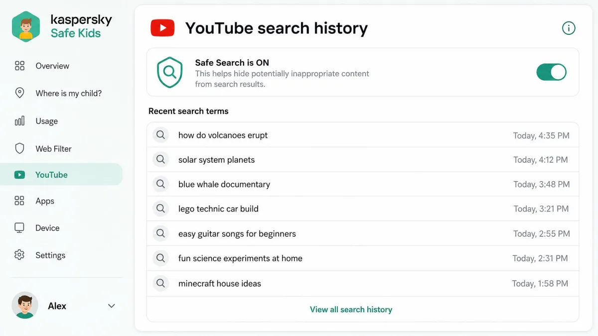 The Kaspersky Safe Kids YouTube search history panel listing a child's recent search terms with timestamps and a safe search toggle above.