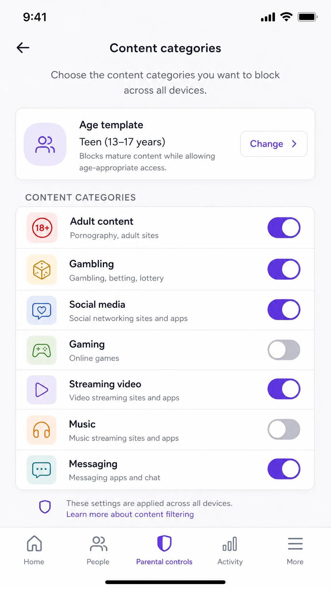 The Aura parental controls category settings screen on a phone, showing toggles for content categories such as adult content, gambling and social media with an age template selected.