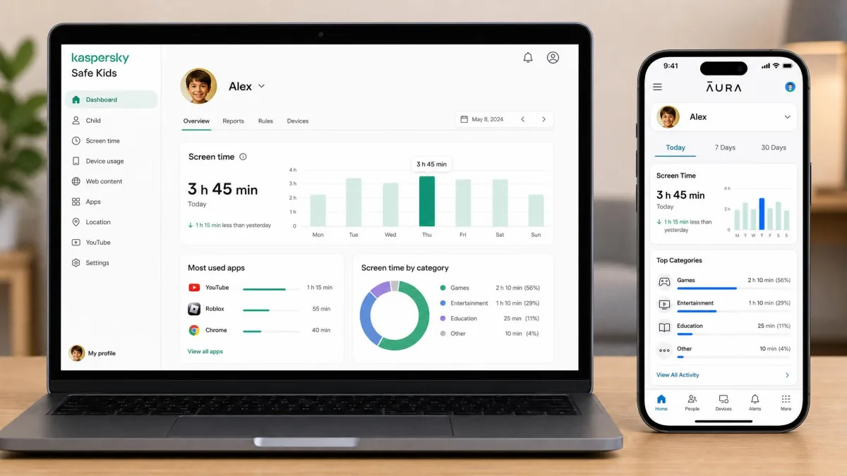 The Kaspersky Safe Kids parent dashboard and the Aura parent app shown side by side on a laptop and a phone, both displaying a child profile with daily screen time usage.