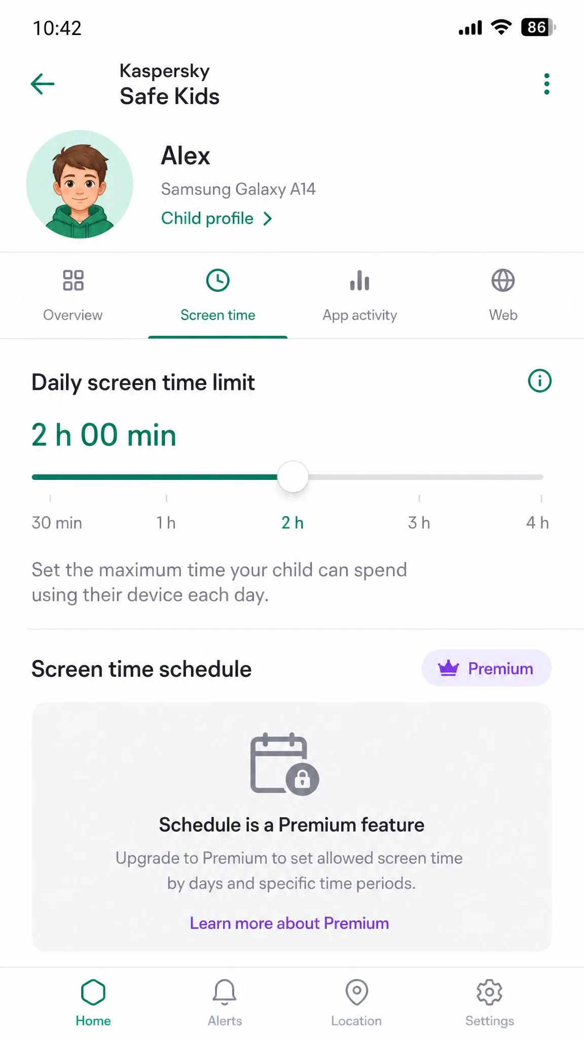 The Kaspersky Safe Kids screen time settings on a parent phone, showing a two-hour daily limit slider for a child profile and a greyed-out schedule section marked Premium.