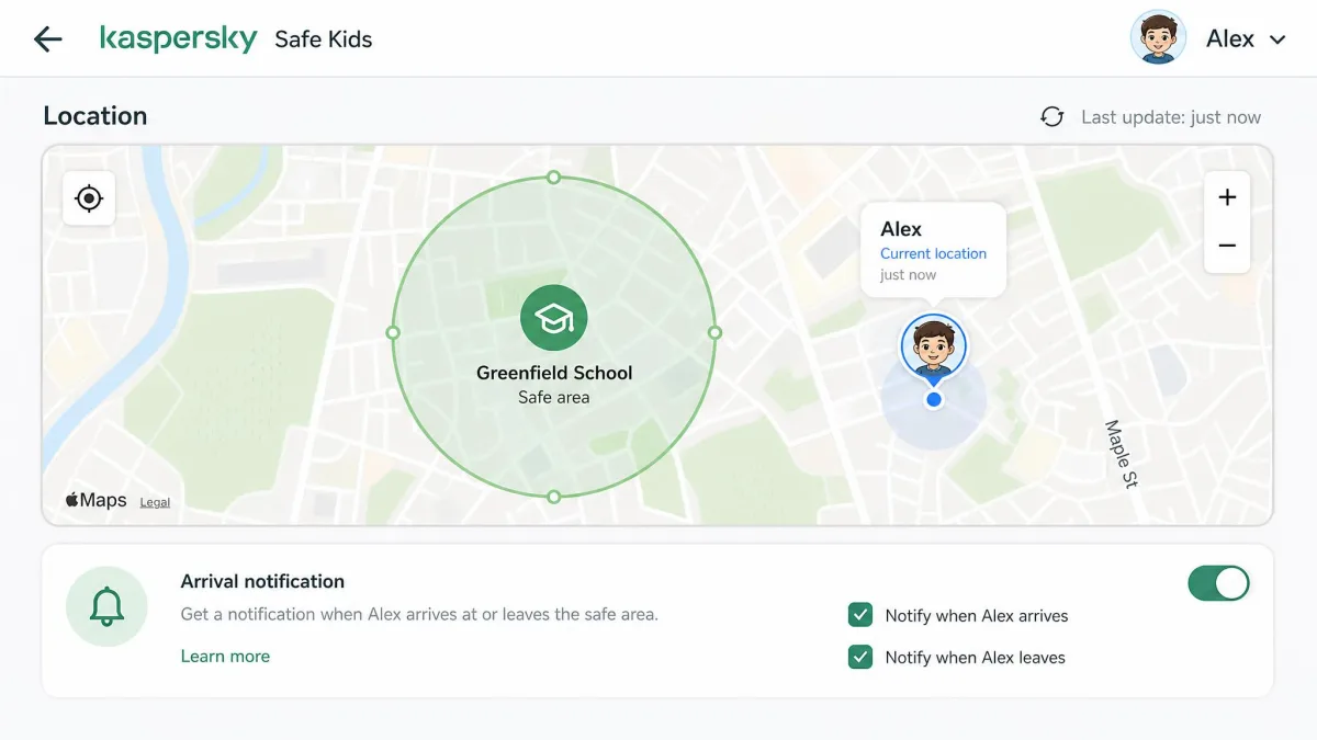 The Kaspersky Safe Kids location screen showing a child's current position on a map with a circular safe area drawn around a school and an arrival notification setting below it.