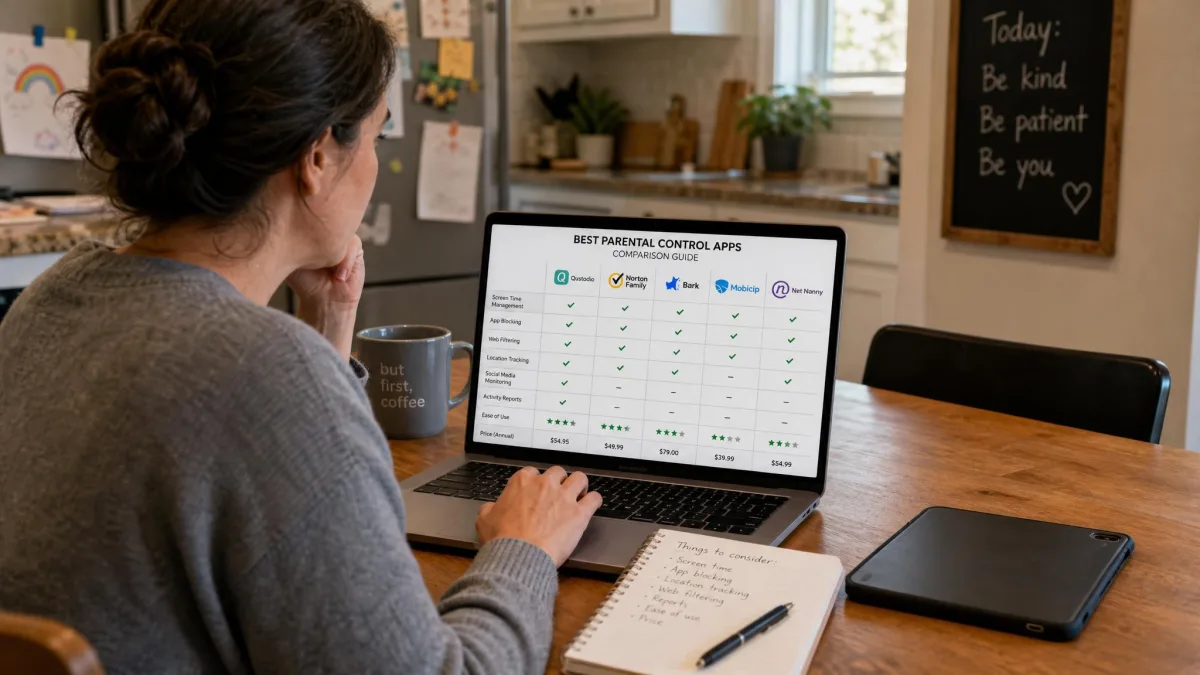 A parent sitting at a kitchen table comparing parental control apps on a laptop, with a child's tablet face down beside on the table.