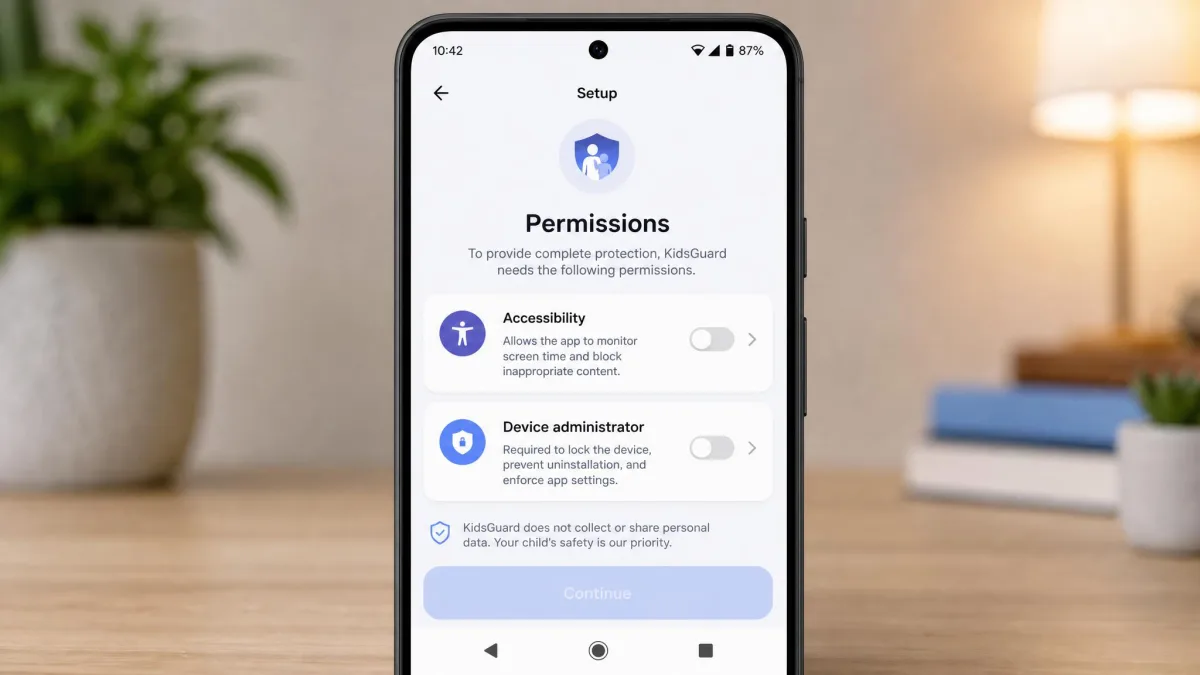 An Android phone mid-setup for a parental control app, showing the permissions screen with accessibility and device administrator toggles waiting to be enabled.
