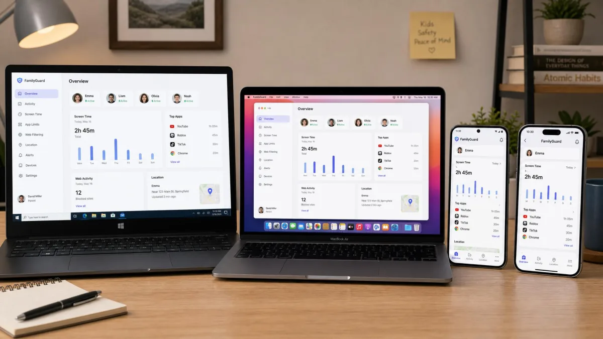 A Windows laptop, a MacBook, an Android phone and an iPhone arranged on a desk with a parental control app open on each screen, illustrating cross-platform coverage.