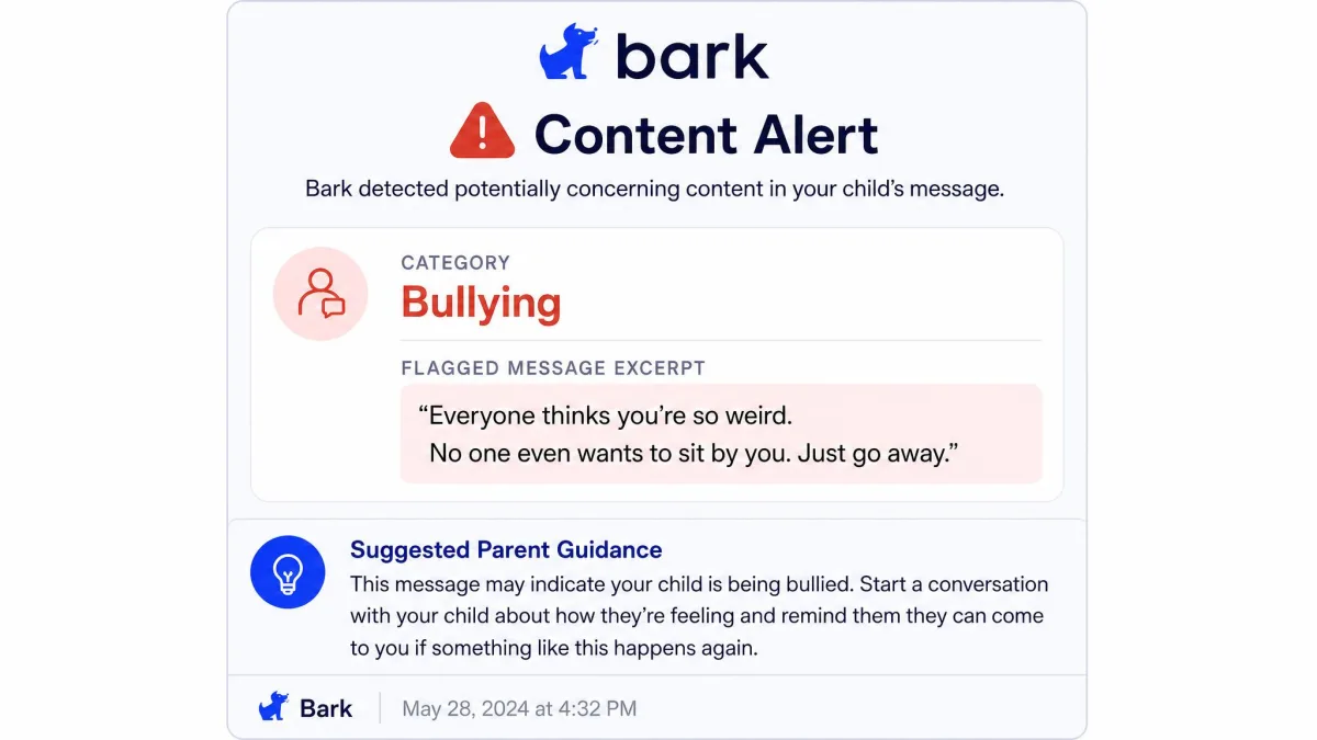 A Bark content alert screen showing a flagged message excerpt categorised as bullying, with the app name, time stamp, and suggested parent guidance below it.