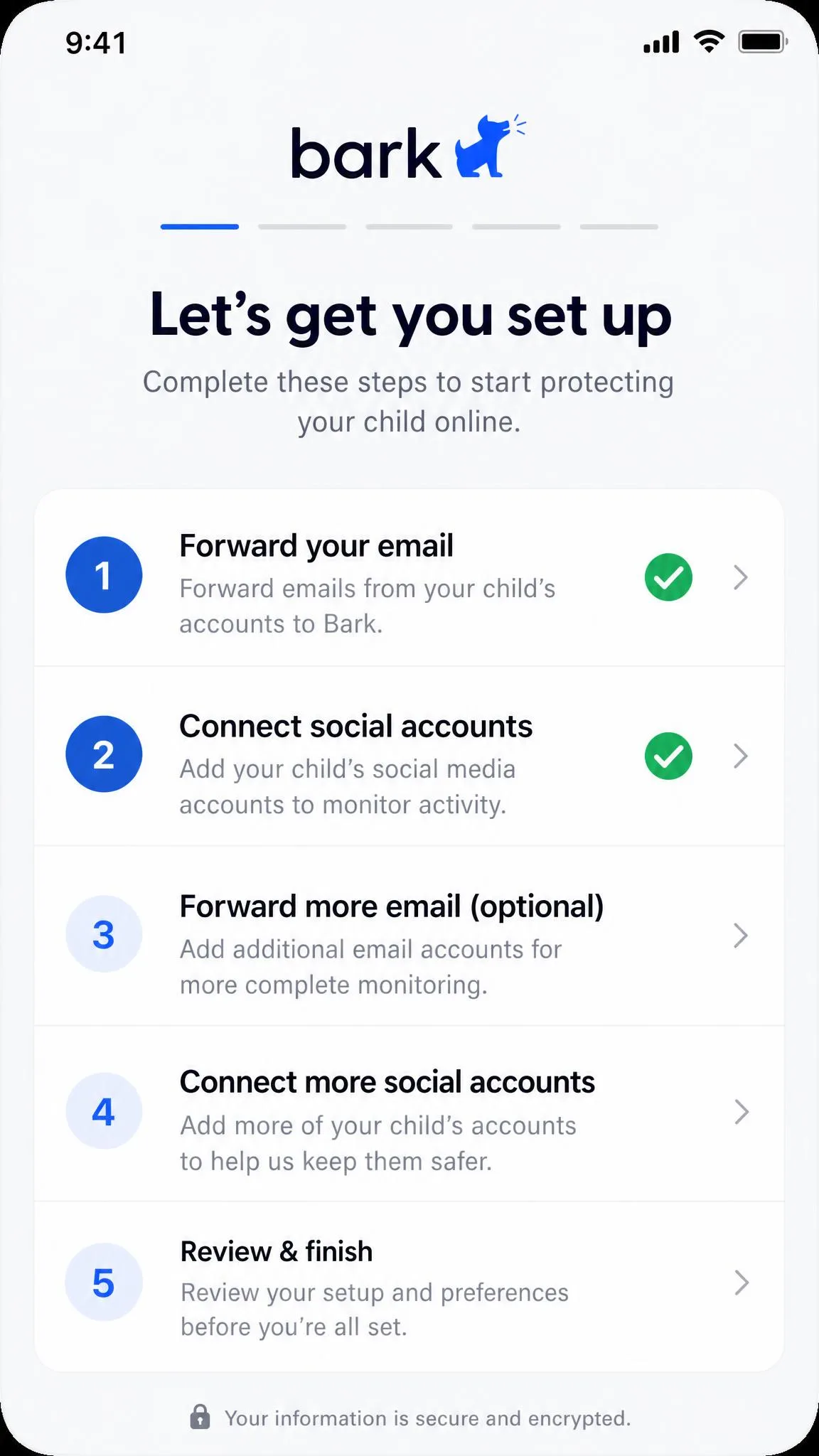 The Bark iOS setup wizard displaying a numbered to-do checklist with email forwarding and social account connection steps, two of them marked complete.