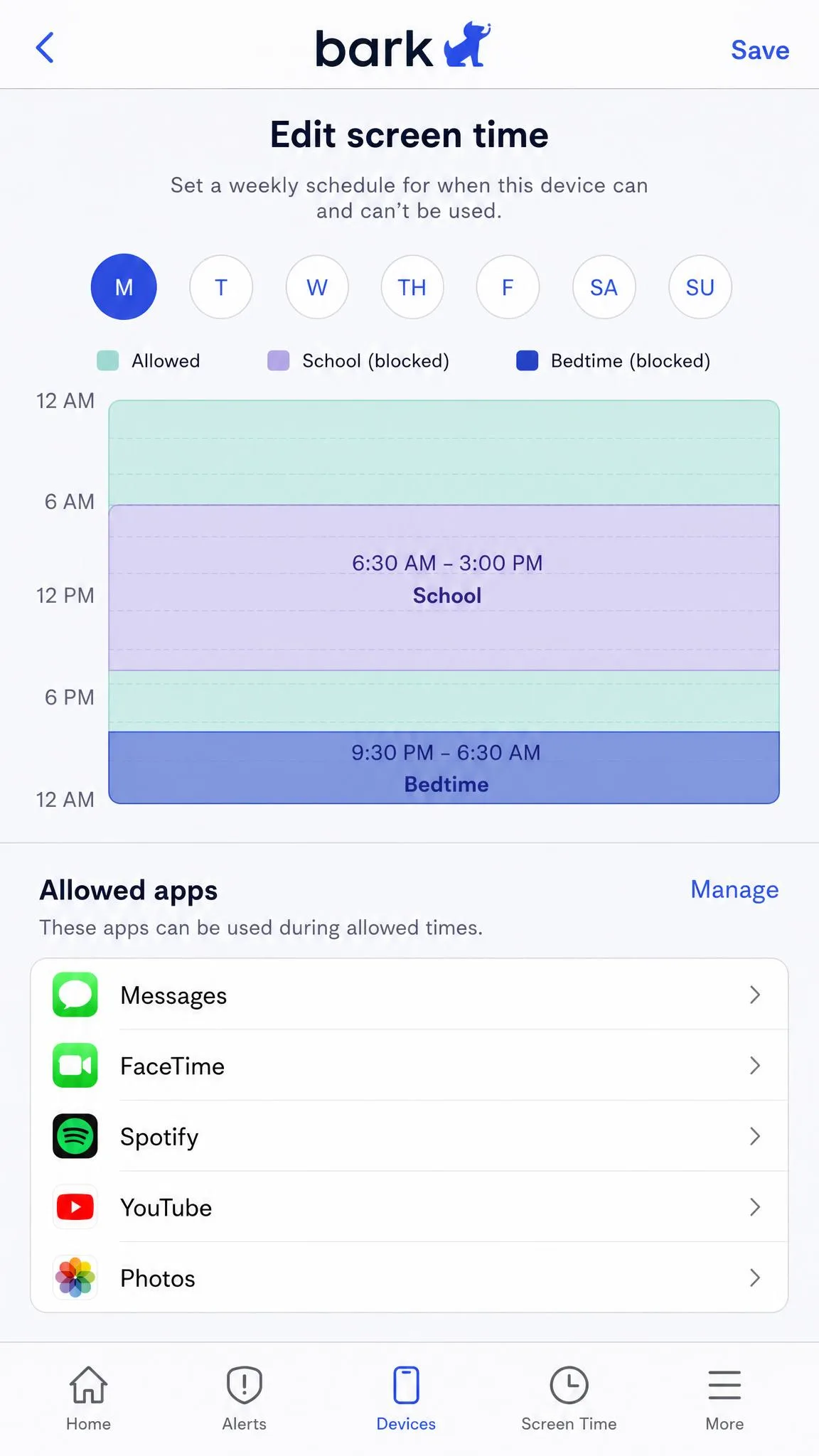The Bark app screen time editor showing a weekday schedule with blocked hours for school and bedtime, and a list of allowed apps below.