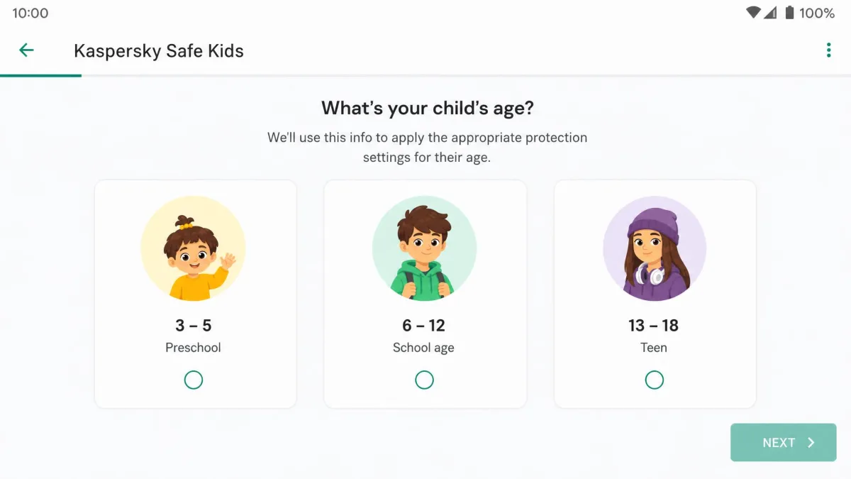 The Kaspersky Safe Kids Android setup screen showing the age profile picker with the three to five, six to twelve, and thirteen to eighteen presets.