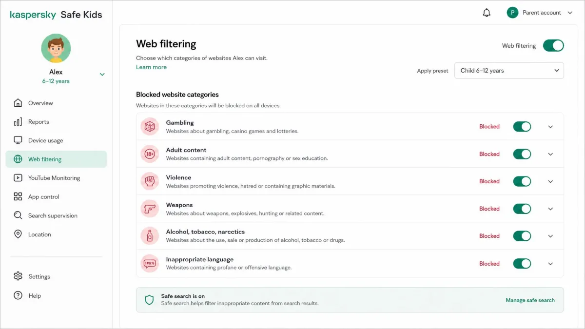 The Kaspersky Safe Kids web filtering settings screen listing blocked website categories such as gambling and adult content, with toggles set for a child aged six to twelve.