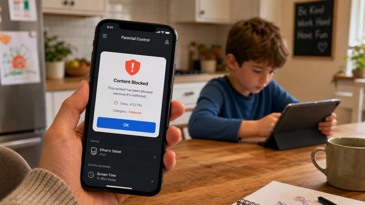 A parent holding a phone showing a parental control alert notification while a child uses a tablet at a kitchen table in the background.