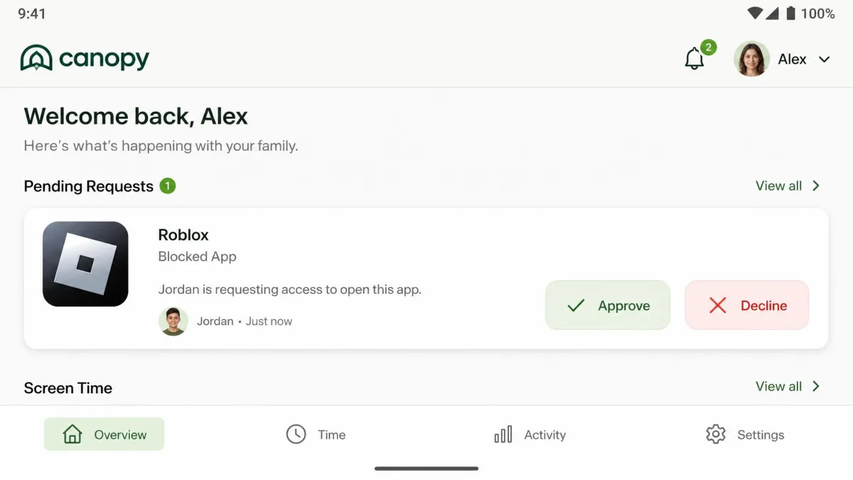 Canopy's Android parent dashboard showing a child's pending request to open a blocked app, with approve and decline buttons beside the app icon.