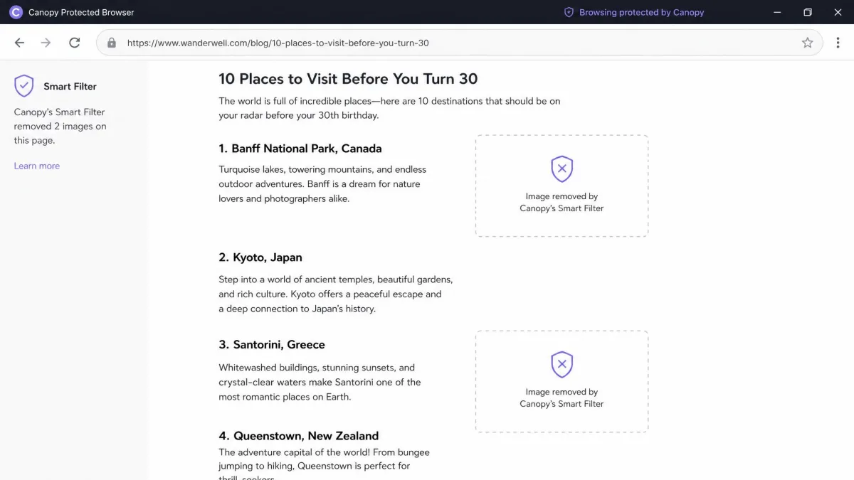 A web page open in Canopy's protected browser with two photos removed by the smart filter and the surrounding article text still readable.