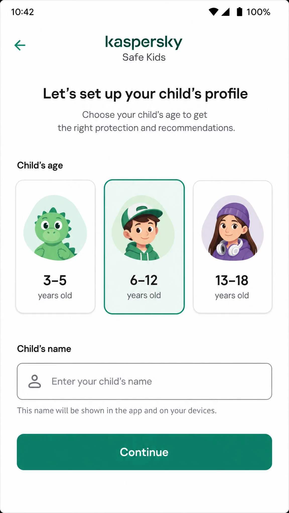 The Kaspersky Safe Kids setup screen on an Android phone showing age presets for 3-5, 6-12, and 13-18 year olds above a child profile name field.