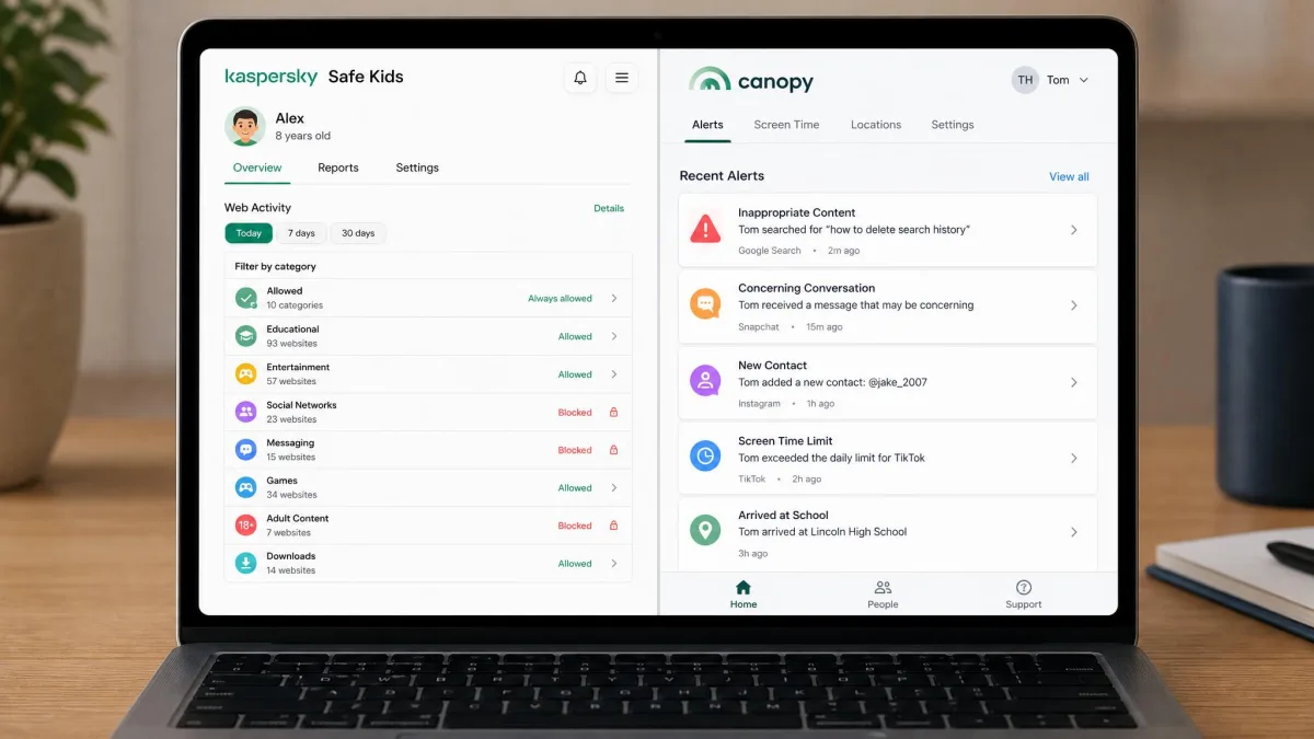 The Kaspersky Safe Kids and Canopy parent dashboards side by side on a laptop, Kaspersky's category filter list on the left and Canopy's alert feed on the right.