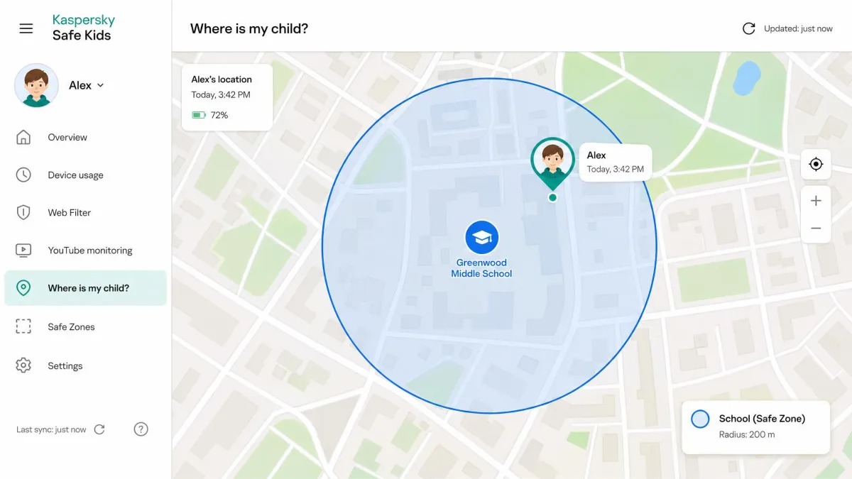 The Kaspersky Safe Kids map view showing a child's current location pin inside a circular geofence zone drawn around a school.
