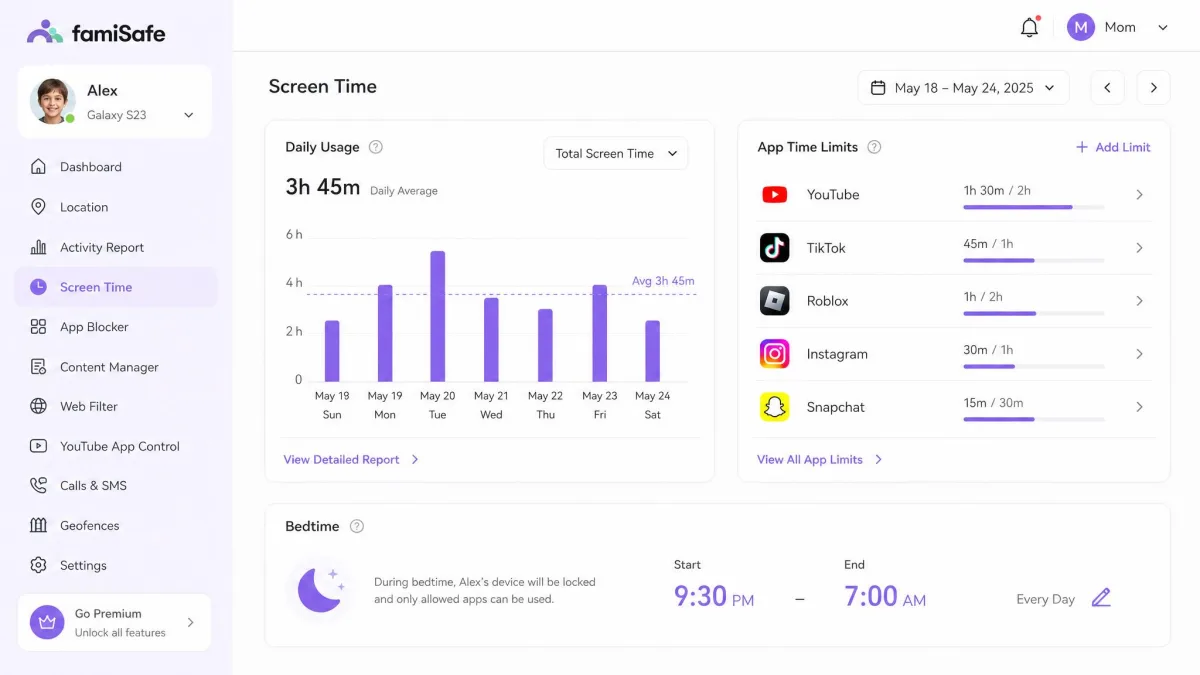 FamiSafe screen time screen showing a daily usage bar chart alongside per-app time limits and a bedtime schedule for a child profile.