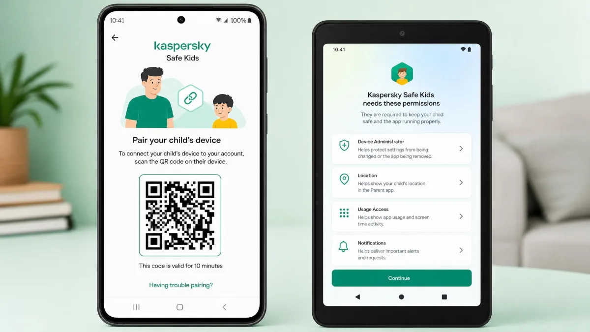 Kaspersky Safe Kids Android setup screen showing the pairing QR code on a parent phone next to the child device permissions prompt.