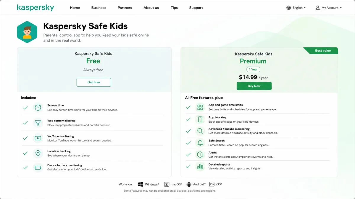 Kaspersky Safe Kids pricing page showing the free tier alongside the Premium annual plan, with the feature list for each column visible.