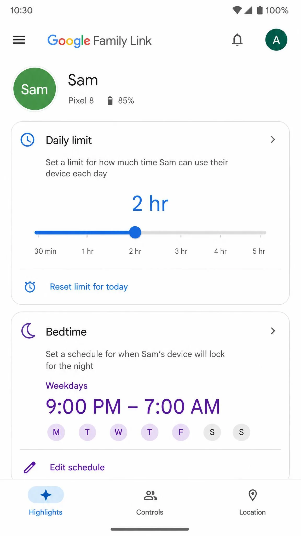 The Google Family Link parent app screen showing a daily screen time limit slider set to two hours alongside the device bedtime schedule for weekdays.