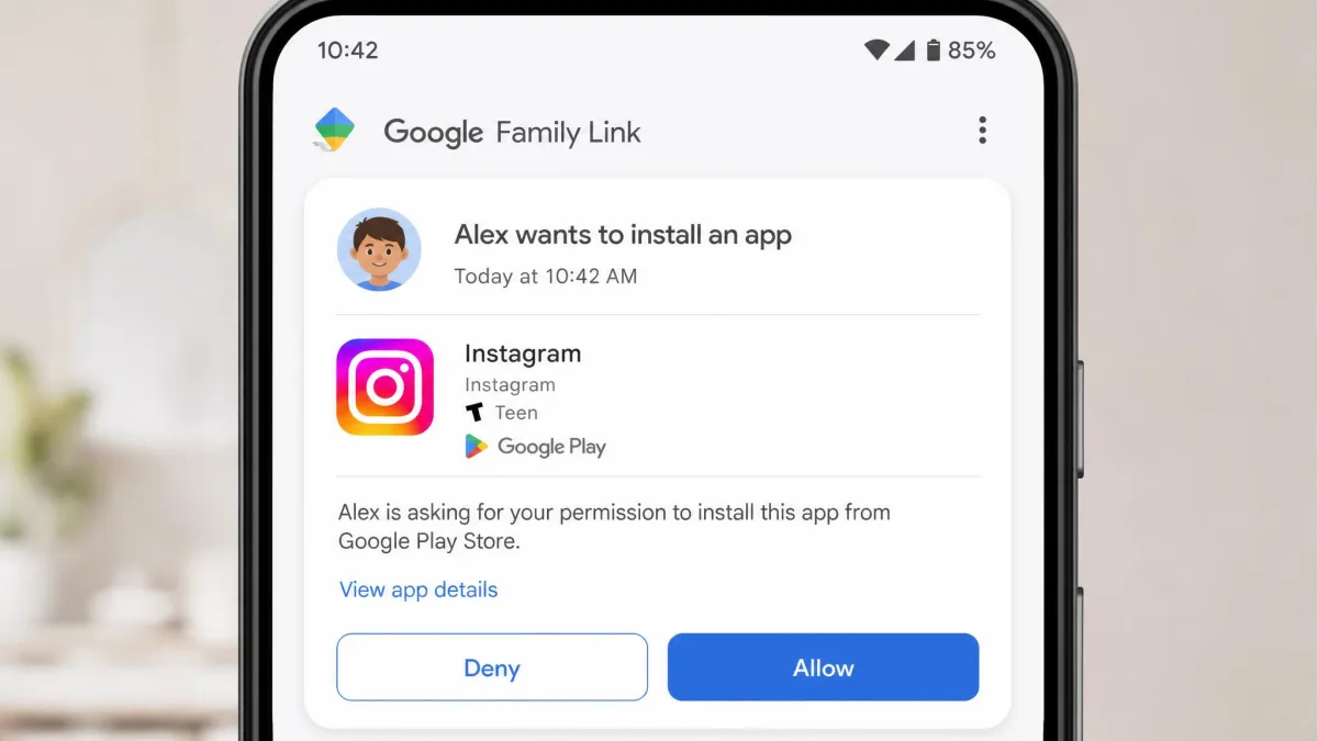 A Google Family Link app approval notification on a parent phone asking whether to allow a child to install a social media app from the Google Play Store.