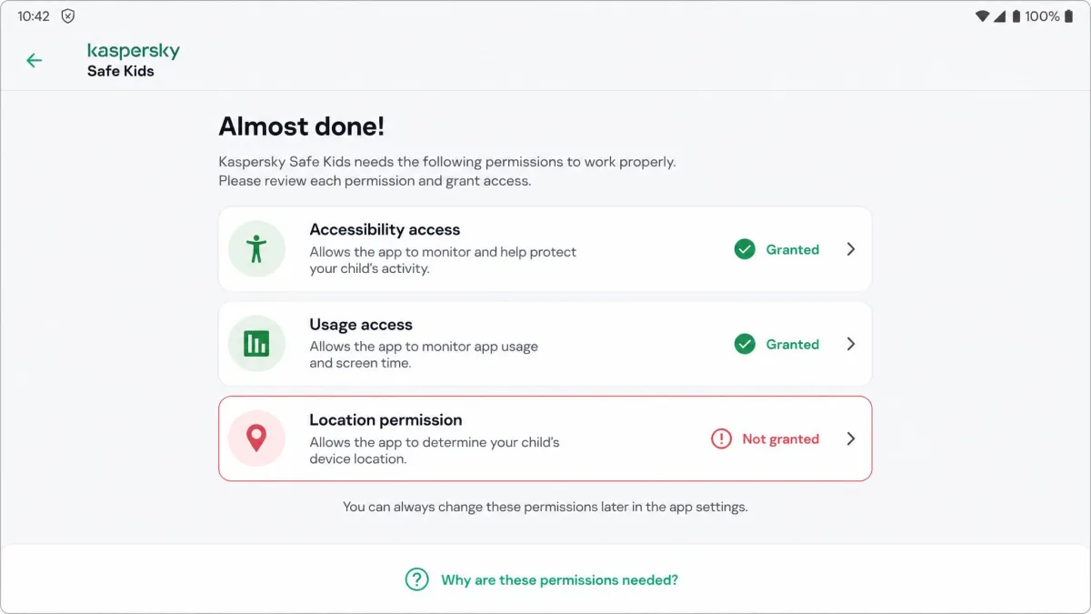 The Kaspersky Safe Kids Android setup checklist showing accessibility access, usage access and location permissions, with one permission still ungranted and highlighted in red.