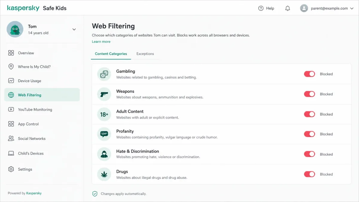 The Kaspersky Safe Kids web filtering settings screen with content categories such as gambling, weapons and adult content shown as toggles set to blocked.