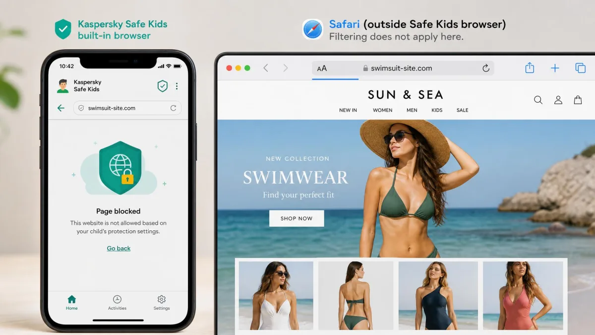 An iPhone showing the Kaspersky Safe Kids app's own built-in browser next to a Safari window loading an unfiltered site, illustrating that filtering does not apply outside the Safe Kids browser.