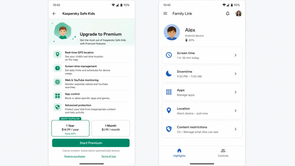 Side-by-side phone screenshots showing the Kaspersky Safe Kids subscription upgrade screen with its premium feature list next to the Google Family Link home screen, which shows no purchase or upgrade option.