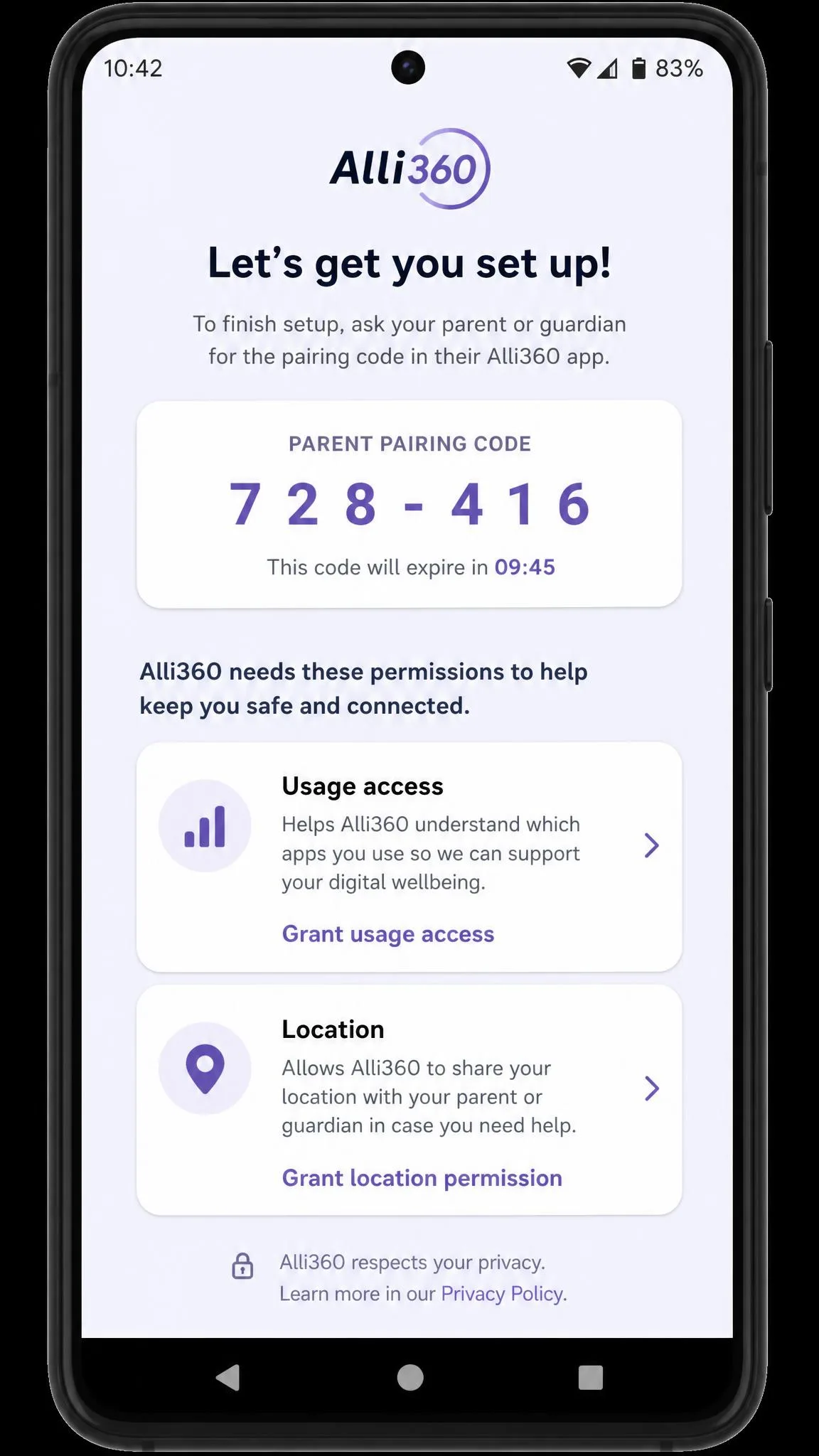 The Alli360 companion app on a child's Android phone during setup, showing the permissions request screen for usage access and location with the parent pairing code visible above.