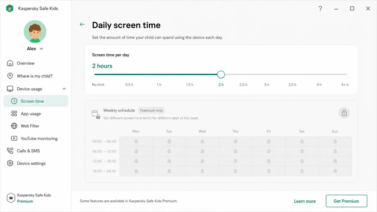 The Kaspersky Safe Kids daily screen time control screen with a slider set to two hours per day and the premium-only weekly schedule grid greyed out below it.