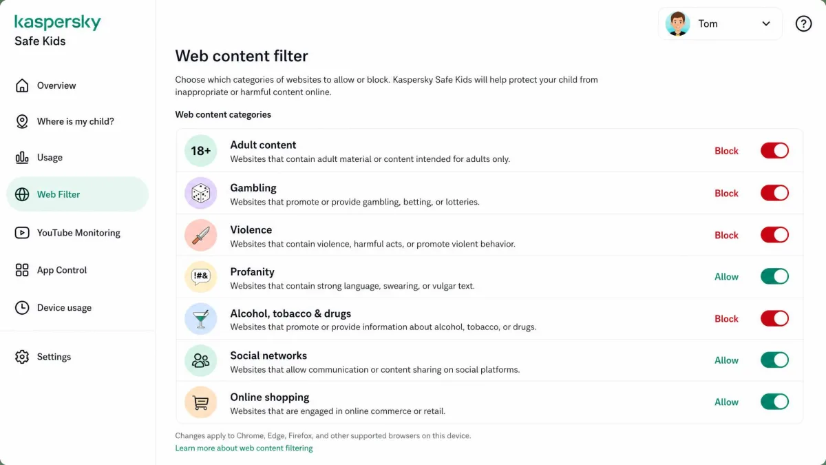 The Kaspersky Safe Kids web content filter settings screen listing blockable categories such as adult content, gambling and violence, each with an allow or block toggle beside it.