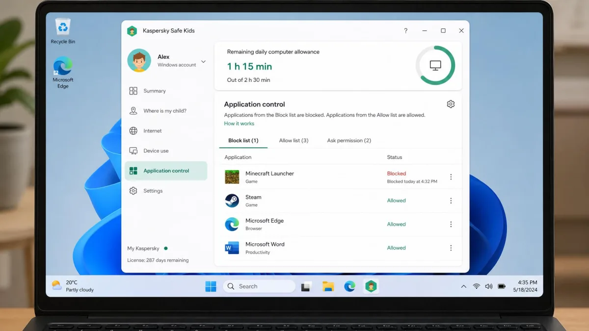 The Kaspersky Safe Kids Windows desktop client open on a laptop, showing the application control list with a game blocked and the remaining daily computer allowance shown at the top.