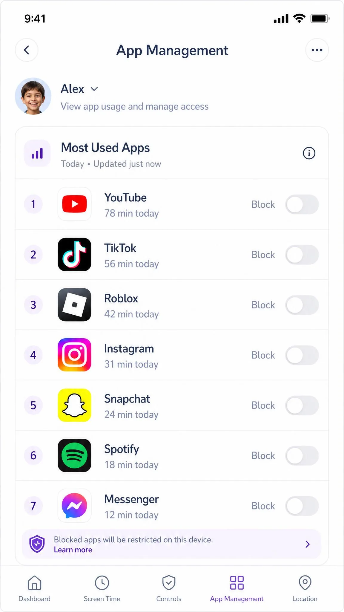 The Kids360 parent app app-management screen showing a ranked list of the child's most-used apps with daily minutes beside each one and block toggles on the right.