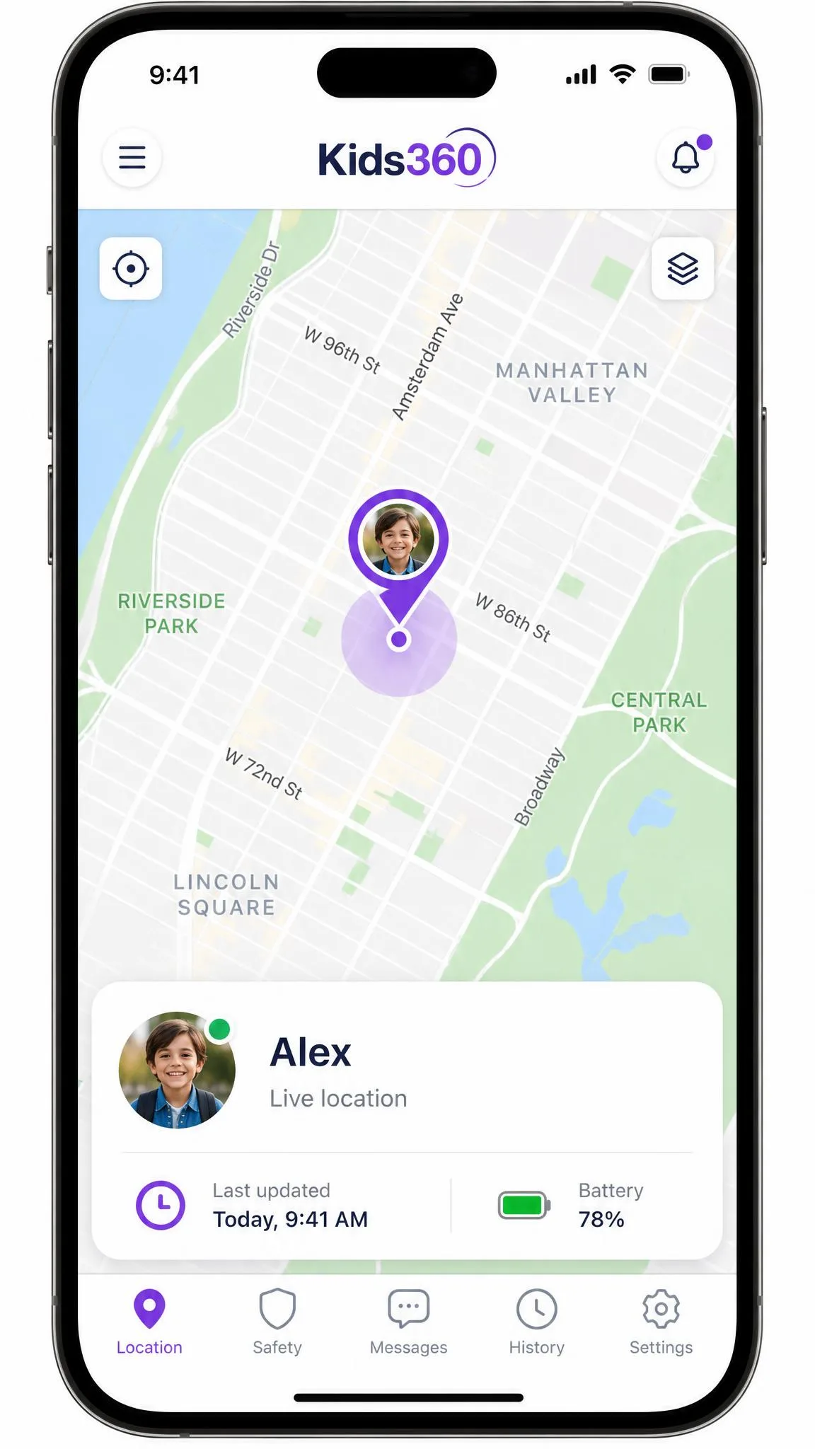 The Kids360 parent app showing a child's live location as a pin on a city map, with the last-updated timestamp and battery level displayed in a panel at the bottom of the screen.