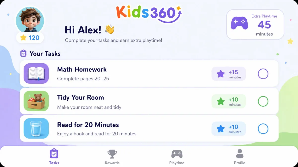 The Kids360 child view showing a list of assigned tasks such as homework and tidying a room, each labelled with the number of extra playtime minutes it earns when marked complete.