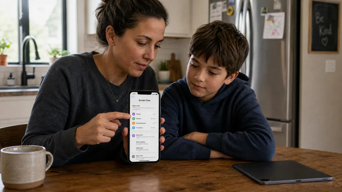 A parent and a school-age child sitting together at a kitchen table looking at a phone, going through the app's screen time rules on screen with a tablet face down beside them.