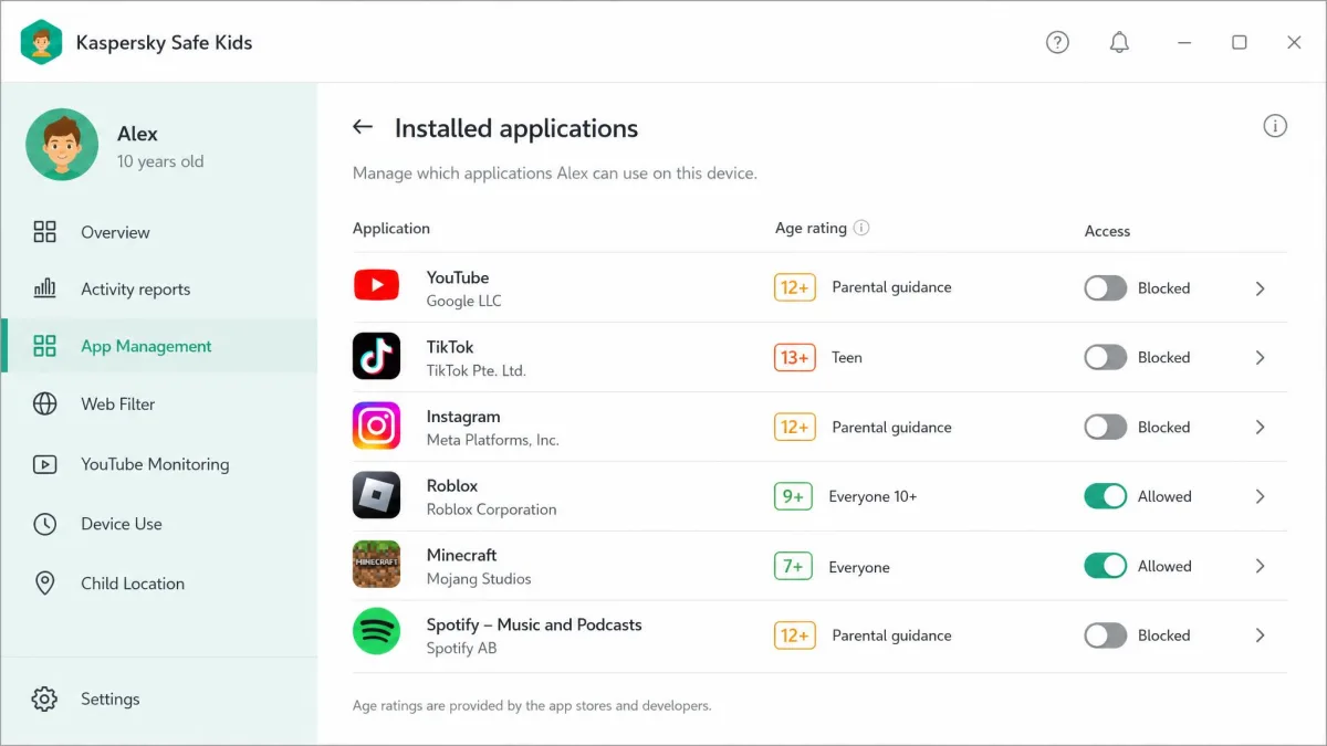 The Kaspersky Safe Kids parent app showing the installed application list for a child profile, with age-rating labels beside each app and toggle switches set to blocked for several of them.