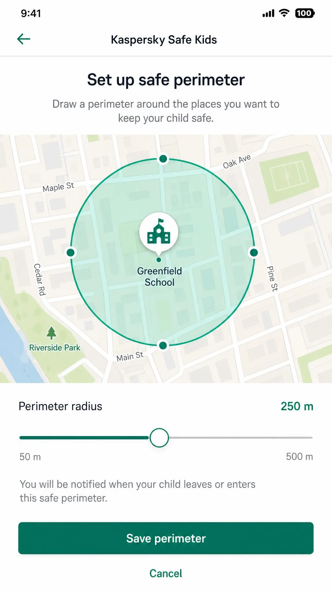 The Kaspersky Safe Kids safe perimeter setup screen on a phone, showing a circular allowed zone drawn around a school on a street map with a radius slider below it.