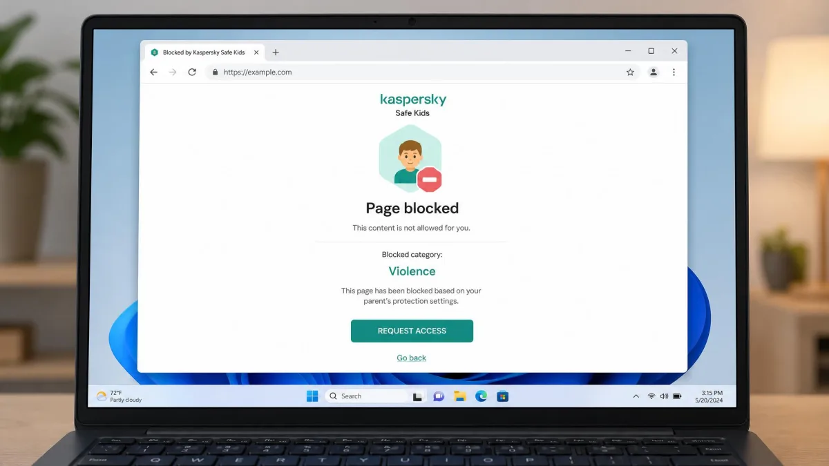 A Windows 11 laptop screen displaying the Kaspersky Safe Kids block page in a browser, with the blocked category named and a request-access button beneath it.