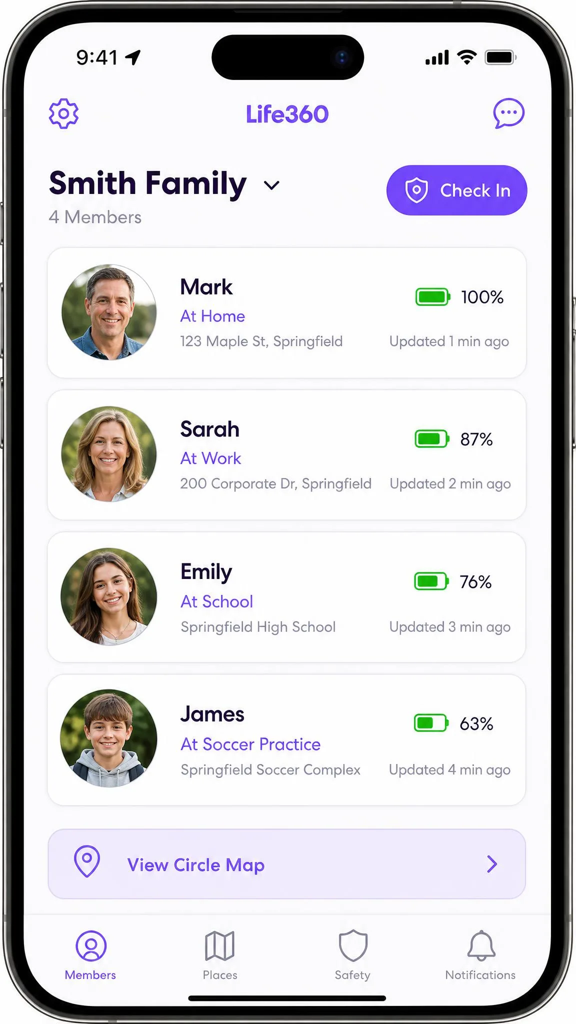 The Life360 Circle member list on a phone showing four family members with their current locations, battery percentages and last-updated timestamps beside each name.