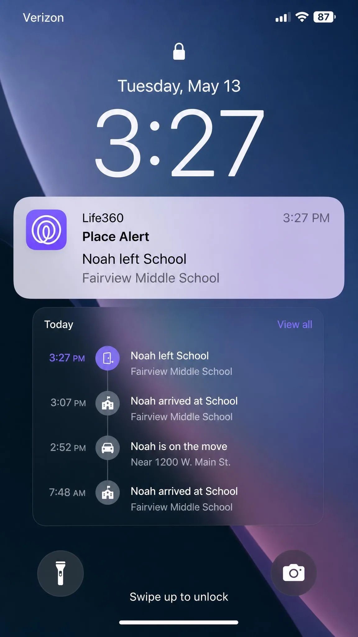 A phone lock screen showing a Life360 Place alert notification for a child leaving school, with the notification timestamp visible alongside the app's activity timeline behind it.