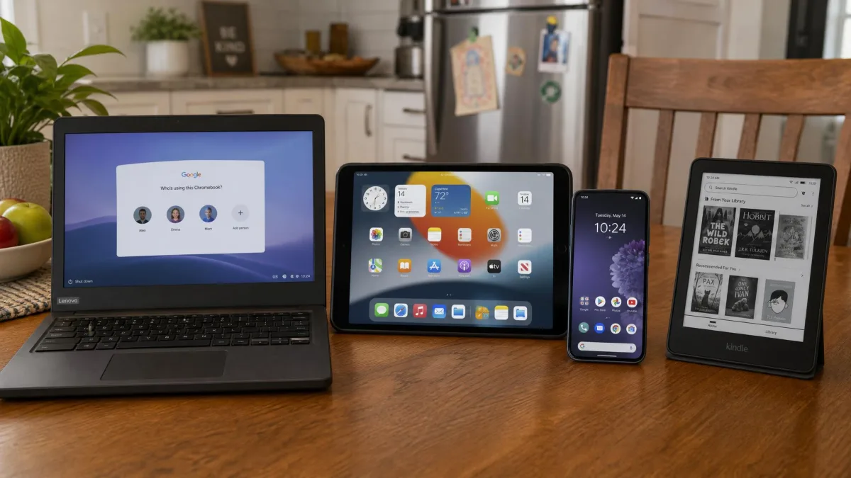 A kitchen table holding a school Chromebook, an iPad, an Android phone and a Kindle, representing the mix of devices a typical family needs one parental control subscription to cover.