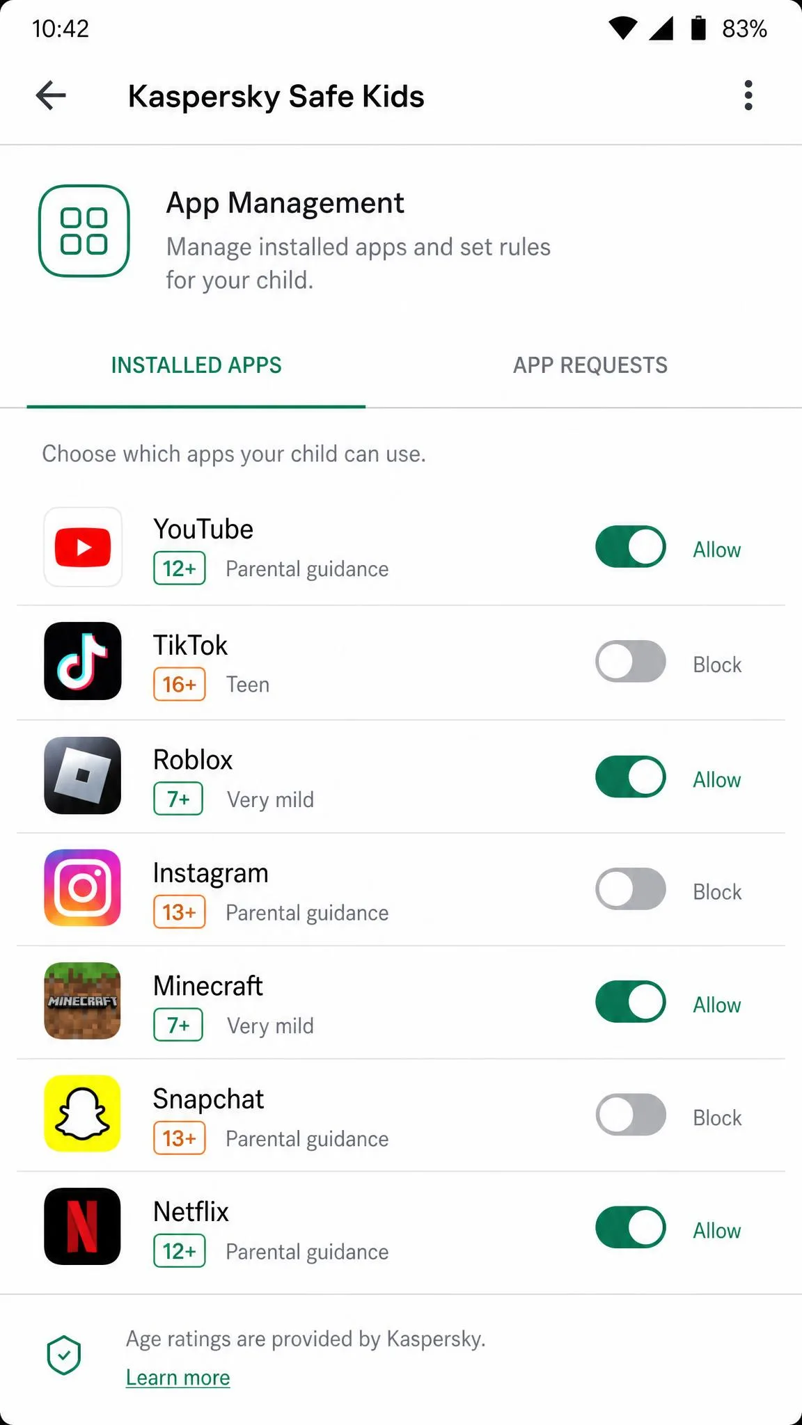 The Kaspersky Safe Kids app management screen on an Android phone showing a list of installed apps with age-rating labels and allow or block toggles beside each one.