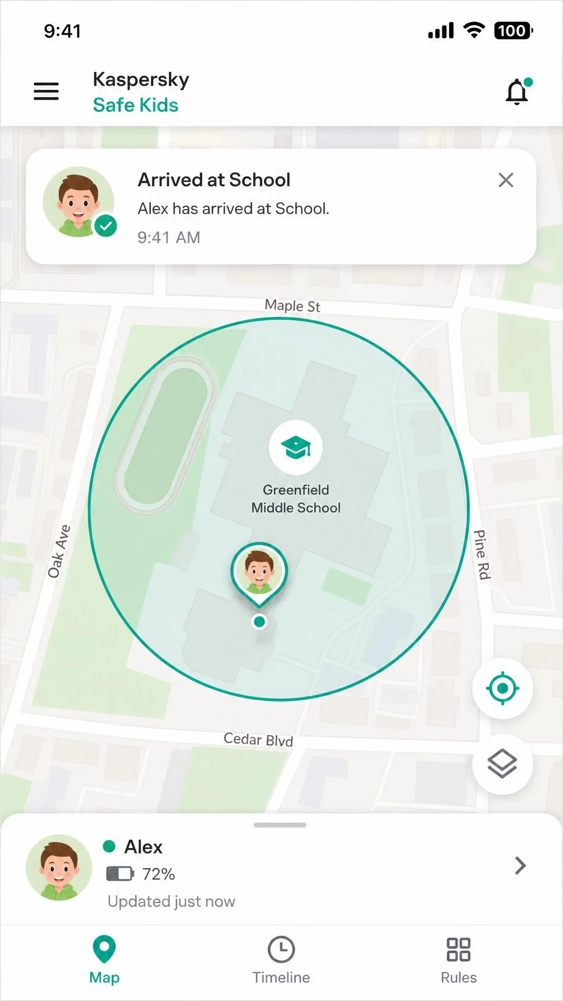 The Kaspersky Safe Kids map view on a parent phone showing a child marker inside a circular safe area drawn around a school, with an arrival alert notification at the top of the screen.