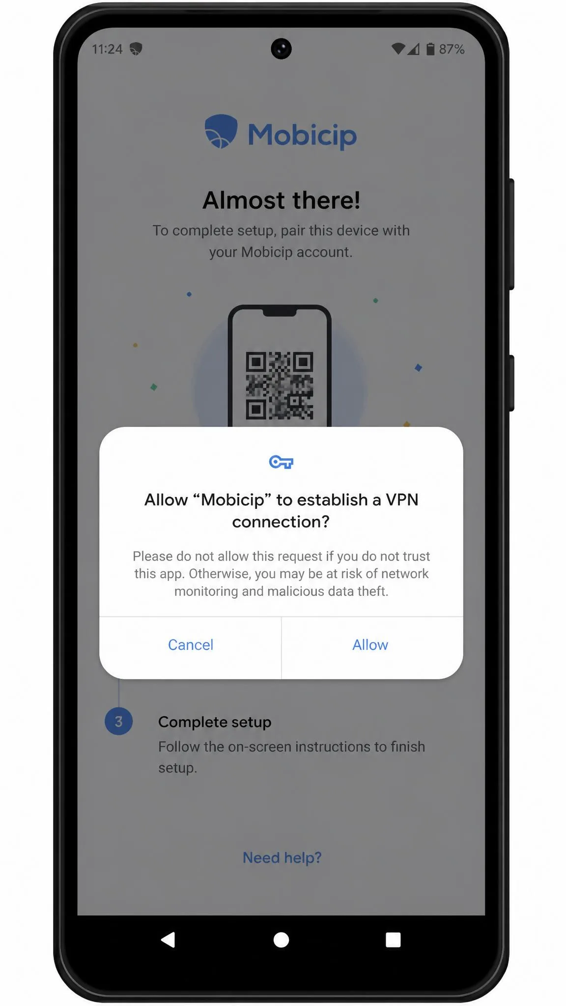 An Android phone during Mobicip setup showing the system prompt asking the user to allow a VPN profile connection, with the Mobicip pairing screen visible behind it.