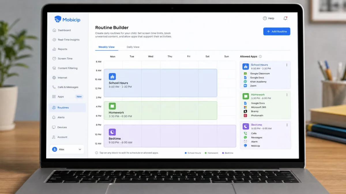 Mobicip's routine builder on a laptop showing named blocks for school hours, homework and bedtime laid across a weekly grid, with allowed apps listed beside each block.