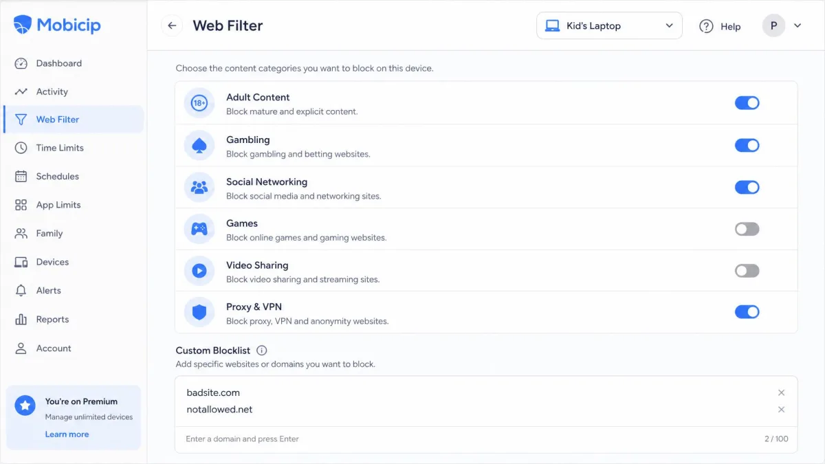 Mobicip's web filter settings screen listing content categories such as adult content, gambling and social networking with toggle switches, and a custom blocklist field below with two entered domains.