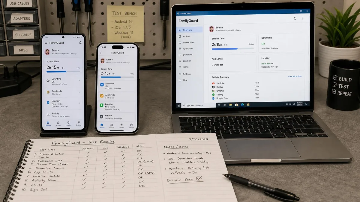 A testing bench with an Android phone, an iPhone and a Windows laptop laid out side by side, each showing a parental control app screen, with a notebook of handwritten test results beside them.
